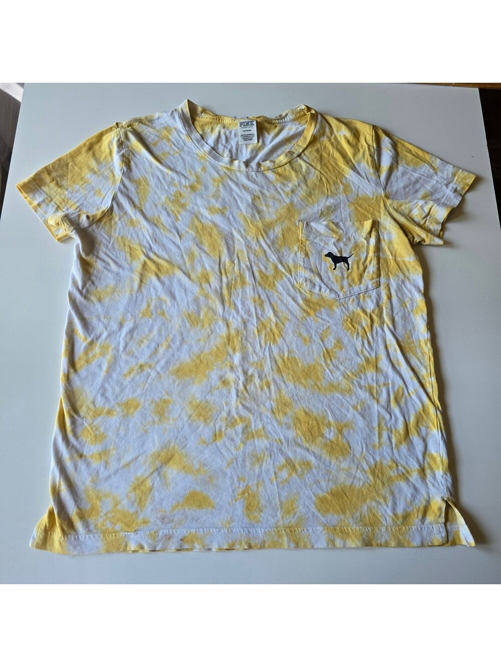 PINK Victoria's Secret Yellow Tie Dye Pocket T Shirt Dog Logo Graphic Women's M